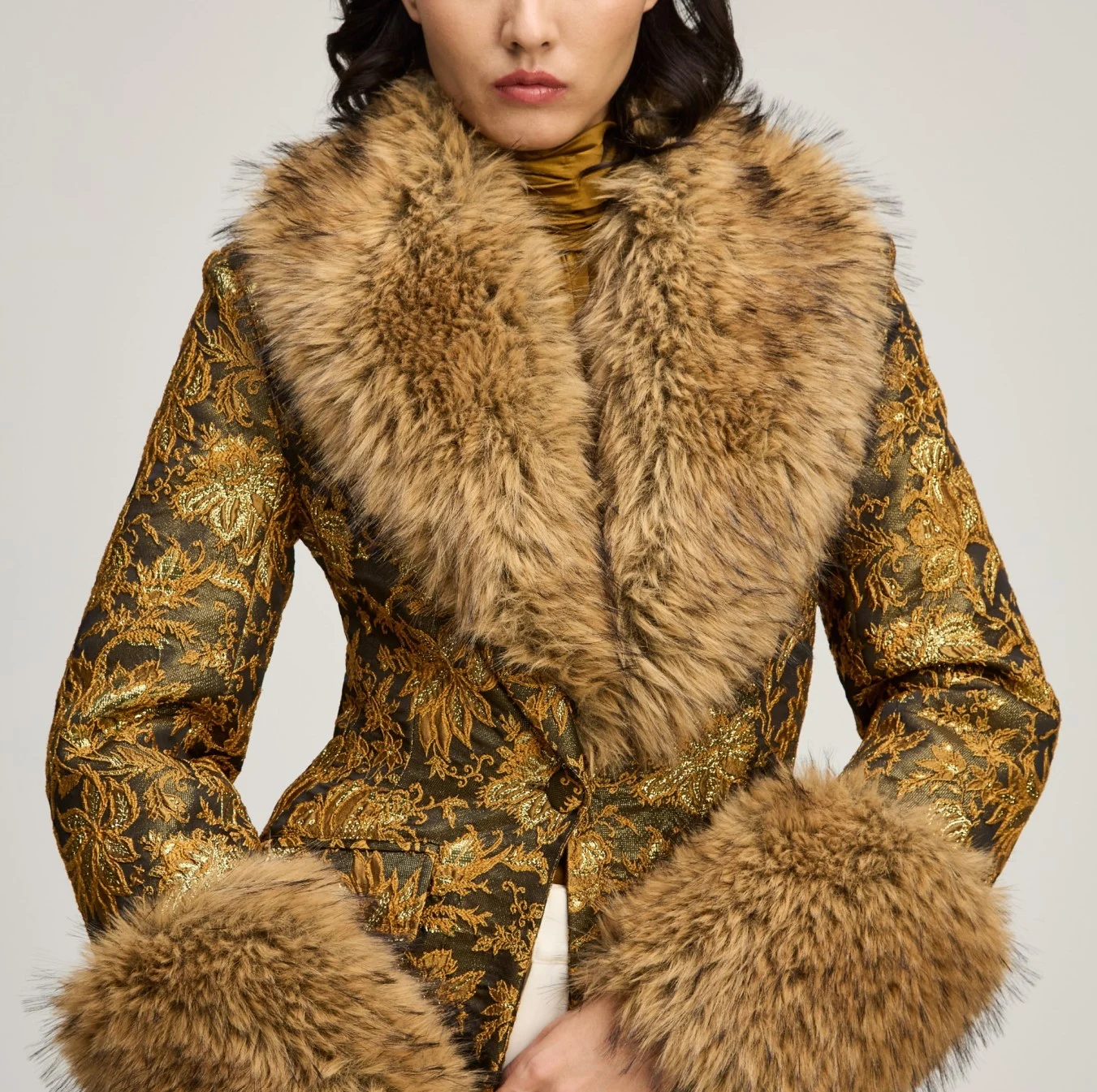 Women's Metallic Gold Jacquard Long Coat with Plush Faux Fur Collar