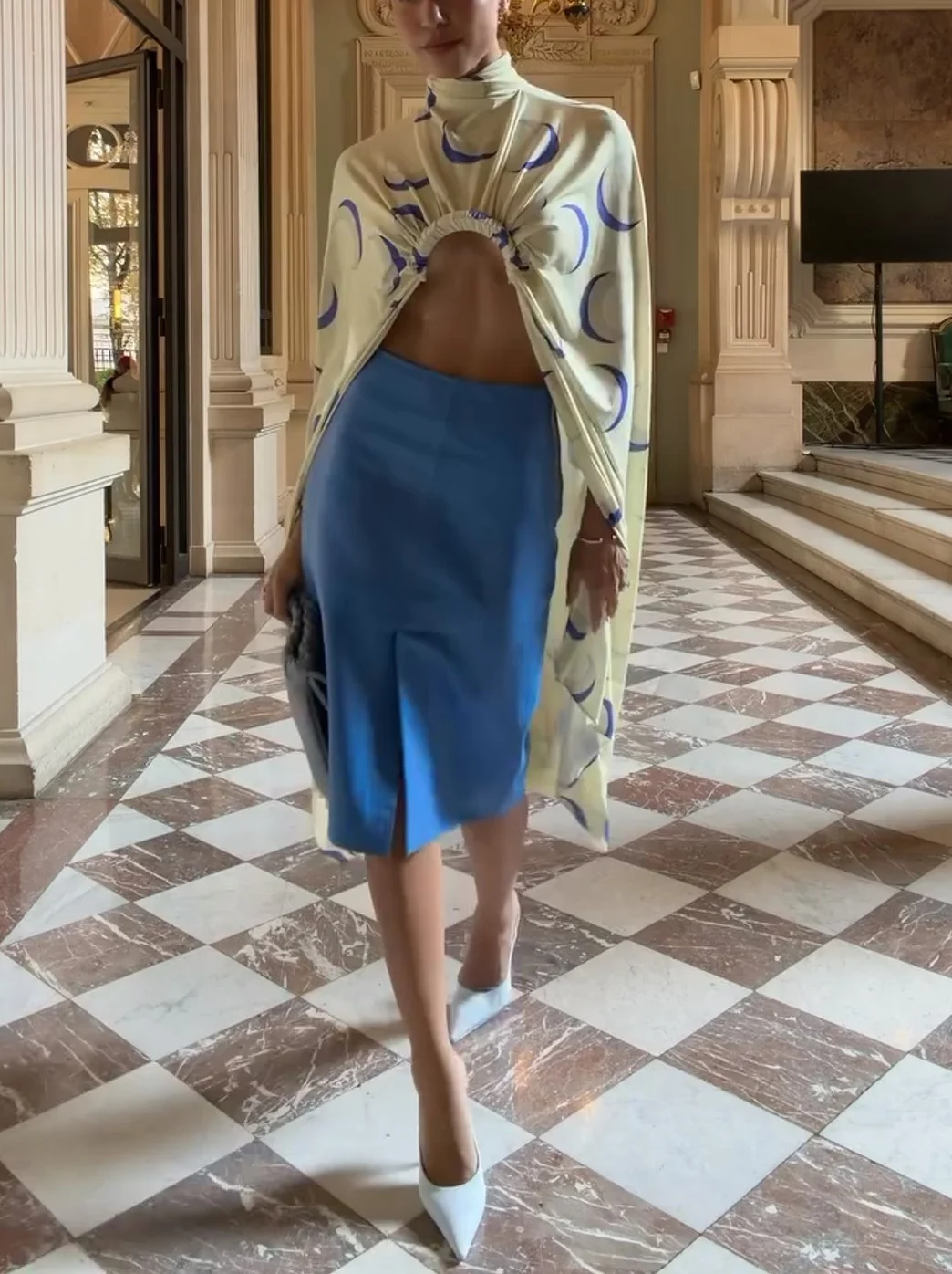 Printed Draped Cape Top and Blue Front Slit Midi Skirt Two Piece Set
