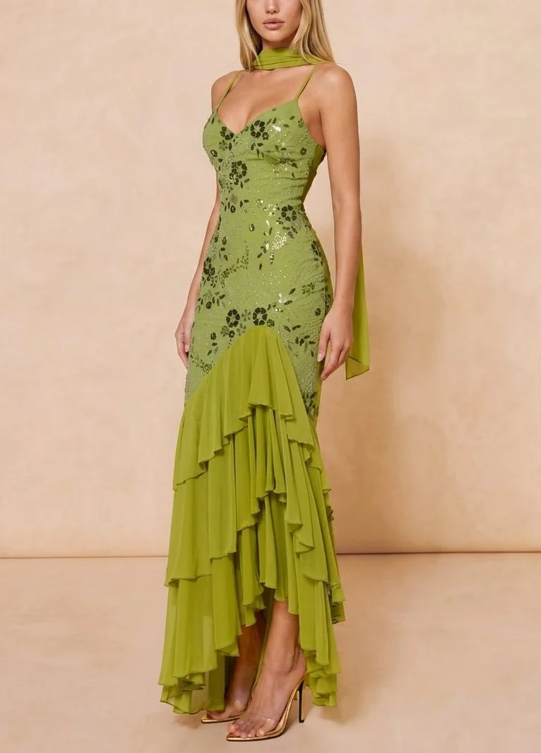 Olive Green Sequin Embroidered Cami Tiered Ruffle Mermaid Maxi Dress [erp-image:b90be7dafda1f0bf9b631d4a]