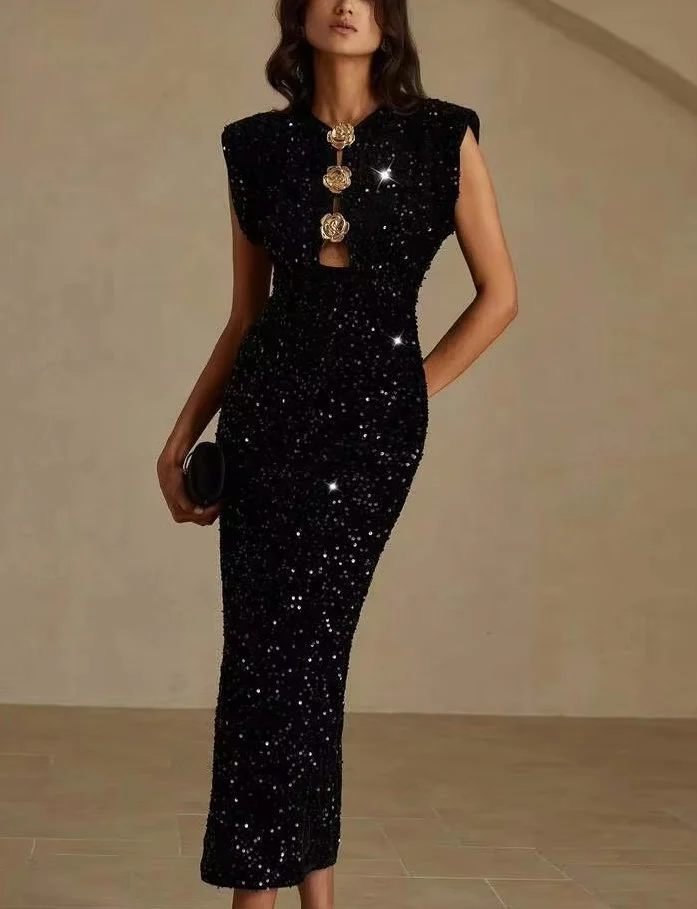 Black Sequin Sleeveless Maxi Dress with Gold Flower Button Cutout [erp-image:596ffd128d545f2d3d0f8851]