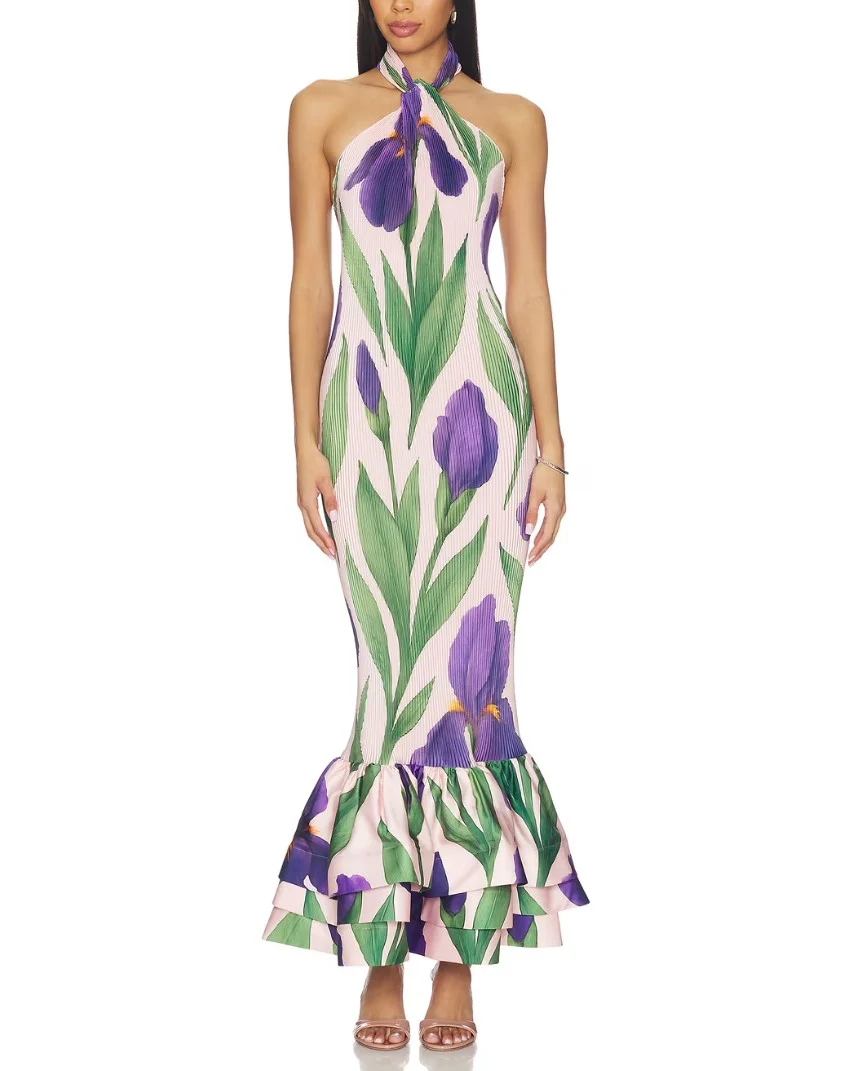 Floral Print Halter Neck Tiered Ruffle Mermaid Maxi Dress [erp-image:07c9749fa875742108af5d06]