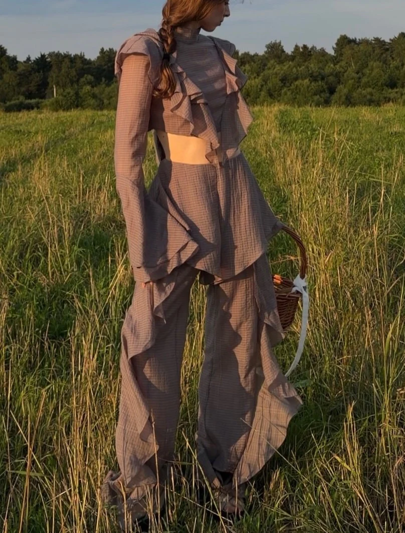 Women's Plaid Ruffle Mock Neck Crop Top and Wide Leg Trousers Two Piece Set [erp-image:54bc096a103e588c7dbea84c]