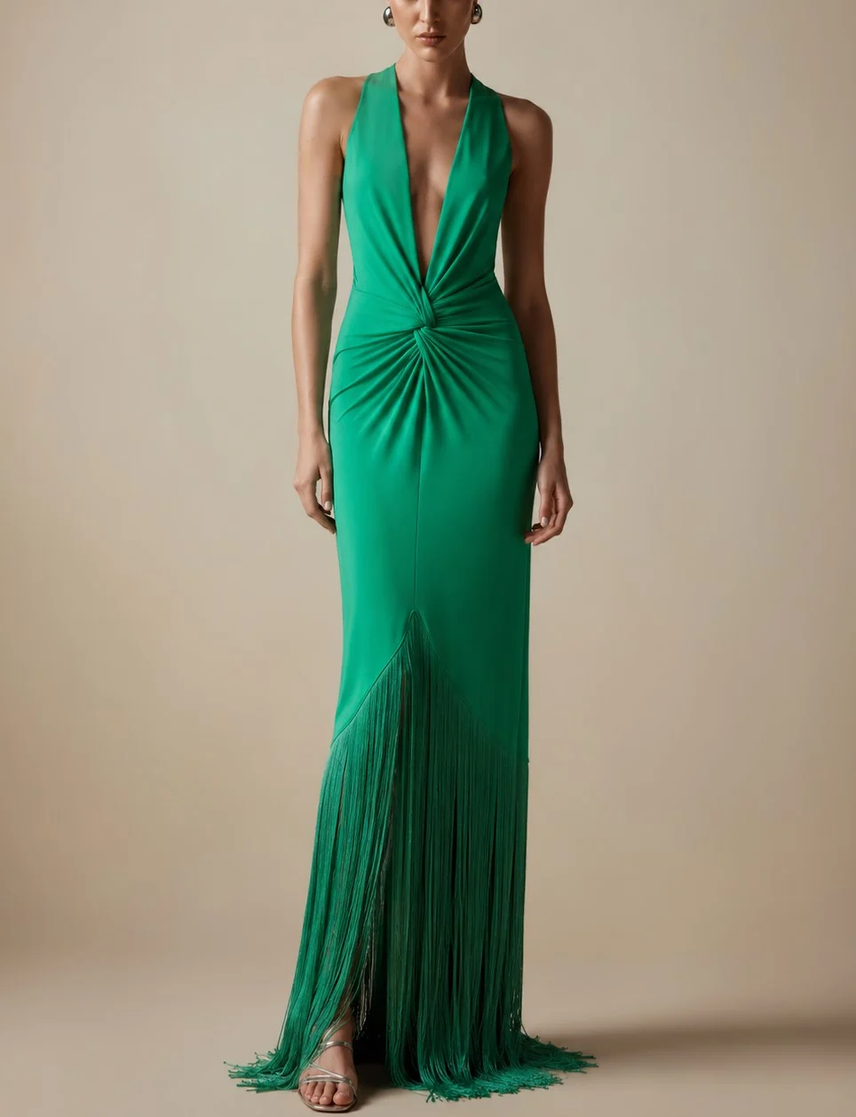 Emerald Green Plunge Halter Twist Front Fringe Slit Maxi Dress [erp-image:0289b482bccc3fd2de05bdc7]