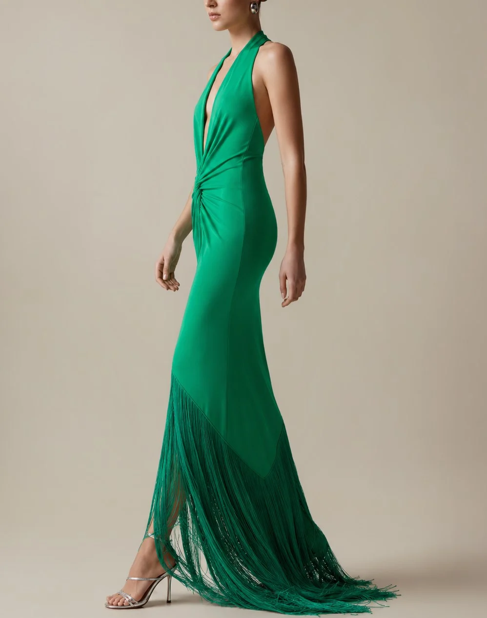 Emerald Green Plunge Halter Twist Front Fringe Slit Maxi Dress [erp-image:6363f4966de68d11f56b8a19]