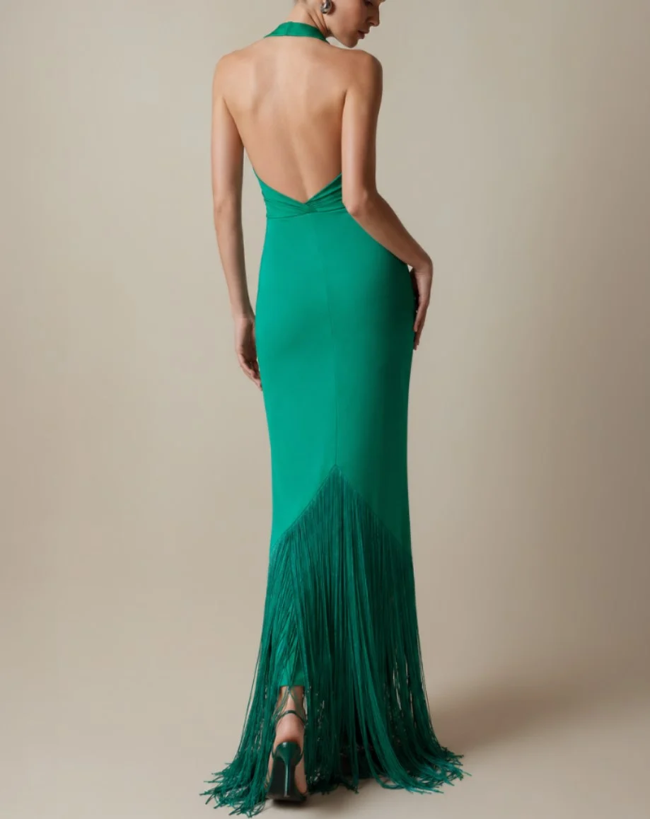 Emerald Green Plunge Halter Twist Front Fringe Slit Maxi Dress [erp-image:3ac58bd32e15ffc50b5fc812]
