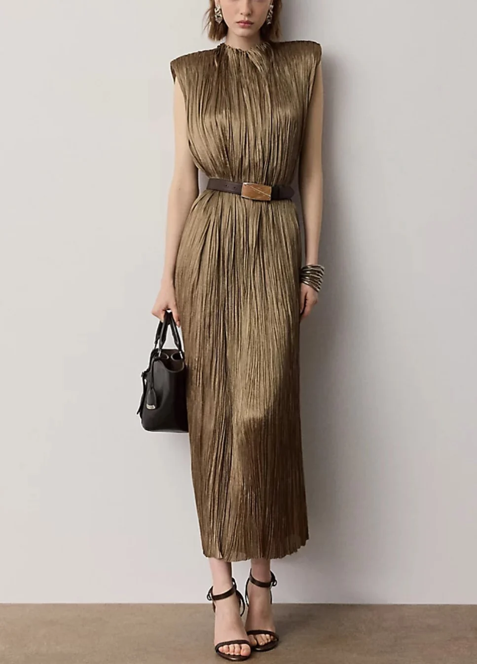 Metallic Pleated Padded Shoulder Sleeveless Column Maxi Dress with High Neck [erp-image:999e4c0c9d6acfc7ca82aa1c]