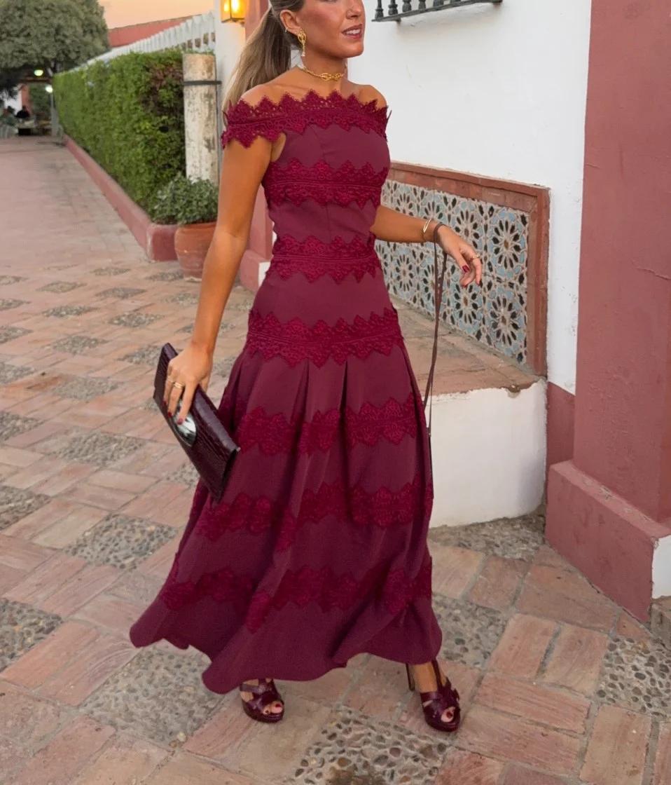 Burgundy Off-the-Shoulder Lace Trim Pleated A-Line Maxi Dress [erp-image:c1a0445b99f38069107720c5]