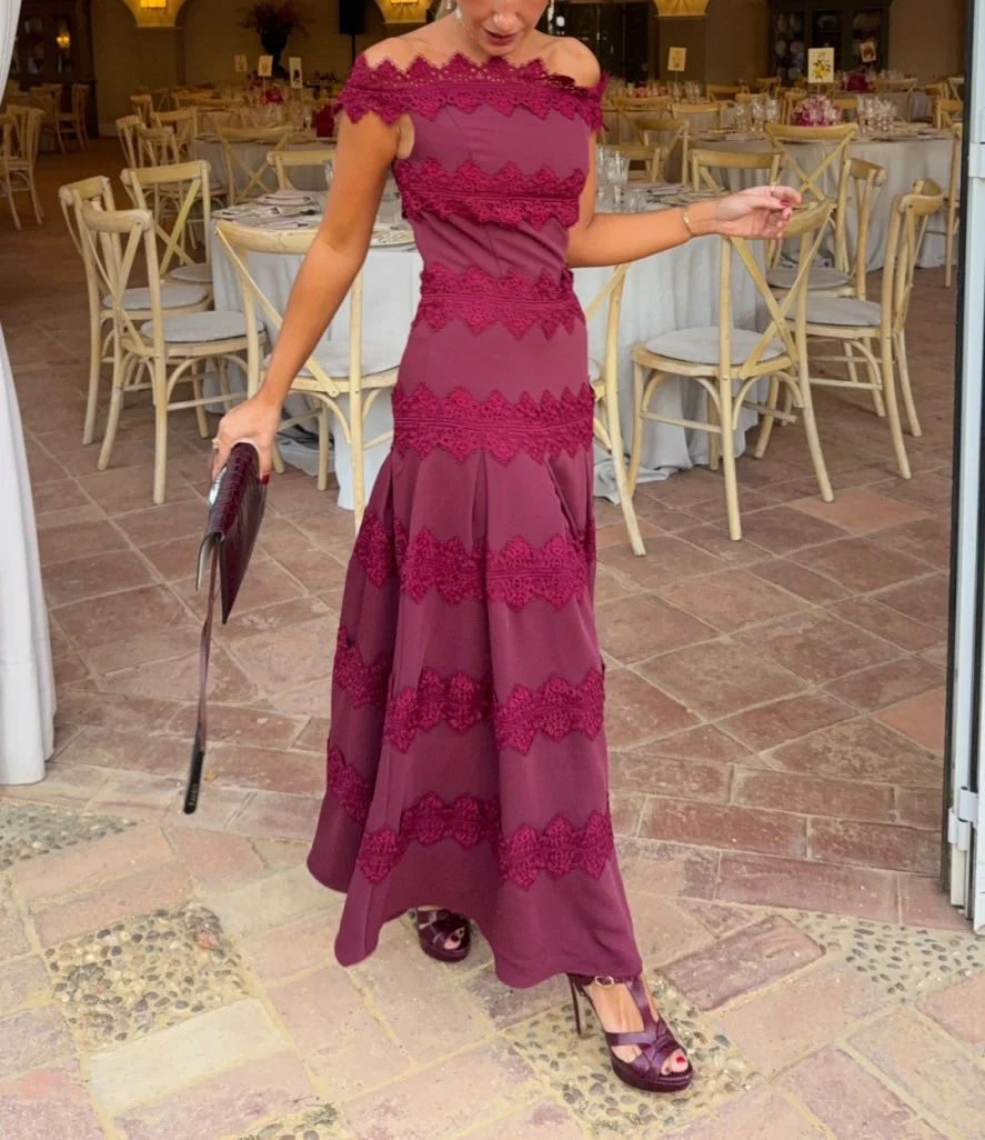 Burgundy Off-the-Shoulder Lace Trim Pleated A-Line Maxi Dress [erp-image:9161e20313d37d46101a4528]