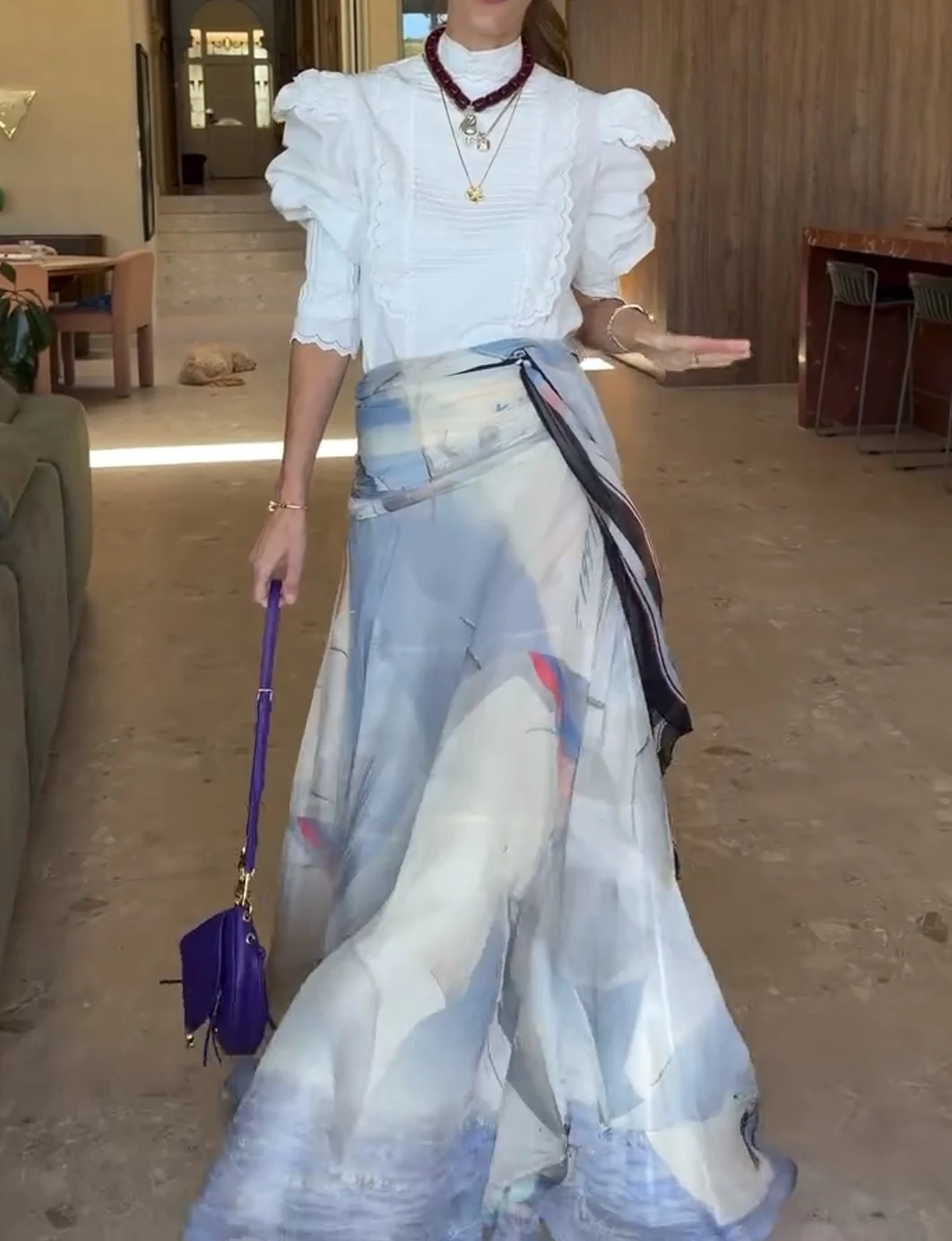 Ruffle Puff Sleeve Blouse and Abstract Print Maxi Skirt Two Piece Set [erp-image:2549193d970b26c5c0e070fb]