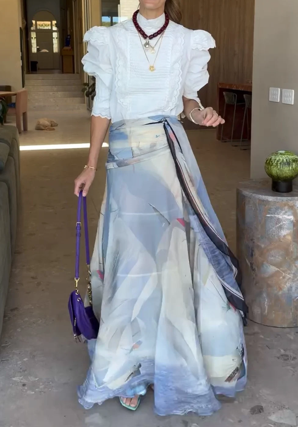 Ruffle Puff Sleeve Blouse and Abstract Print Maxi Skirt Two Piece Set [erp-image:eb91e355f5d2a66d3dd986ee]