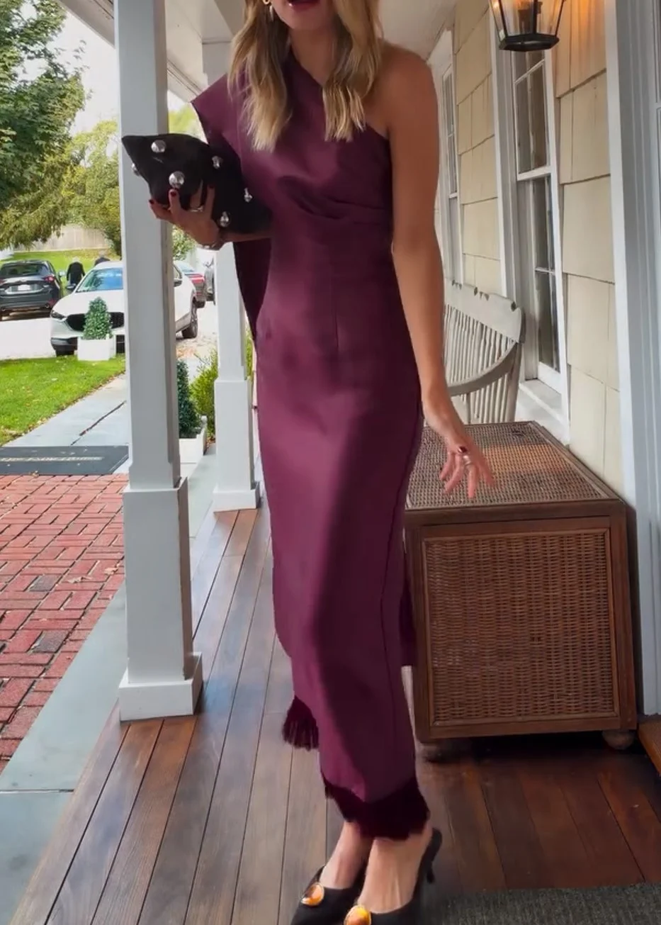 Women's One Shoulder Fringe Hem Column Plum Evening Maxi Dress [erp-image:bedb57dc2ba1c1906e7ceefb]