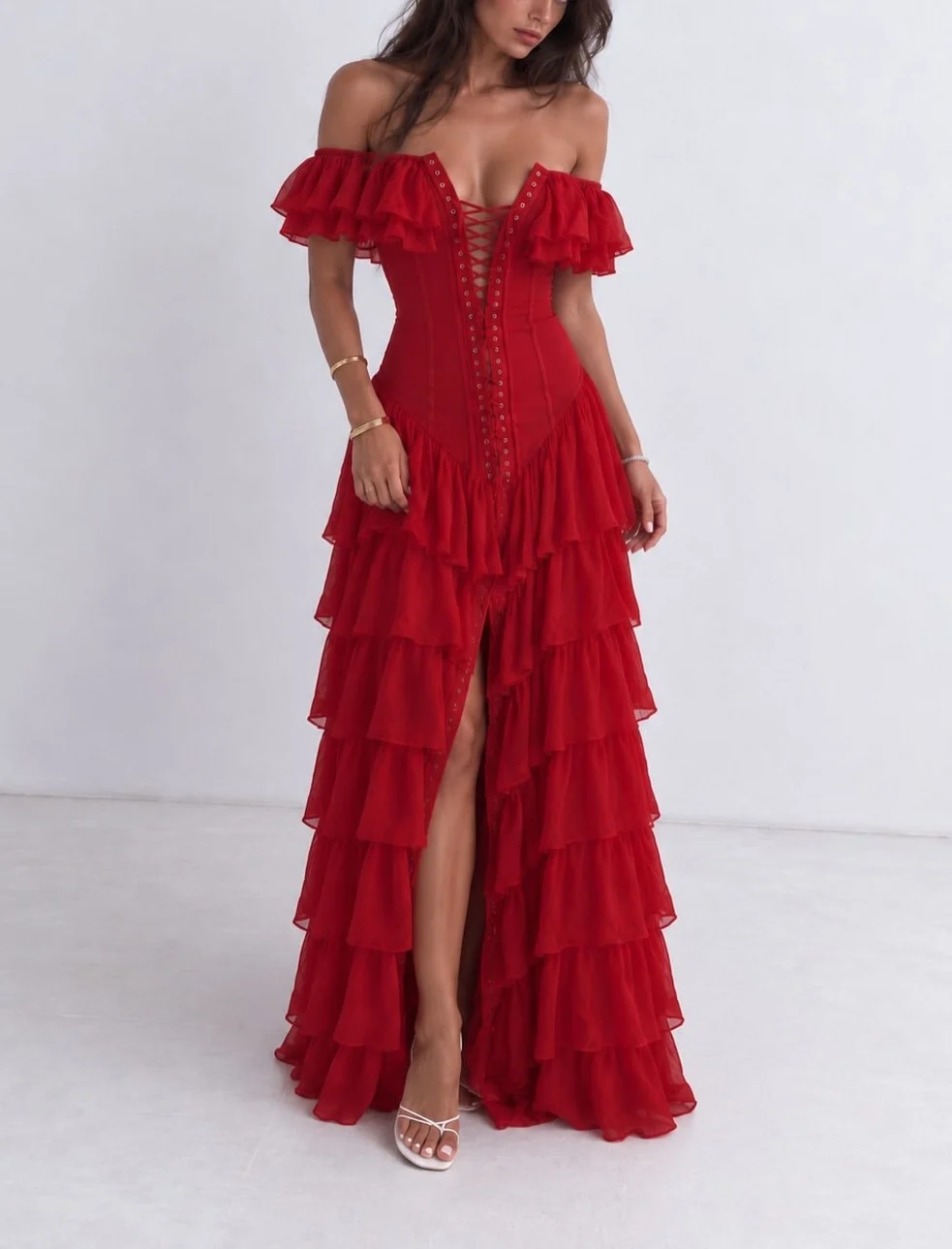 Off-Shoulder Corset Lace-Up Tiered Ruffle Slit Maxi Dress [erp-image:893d277b44629611dd191722]