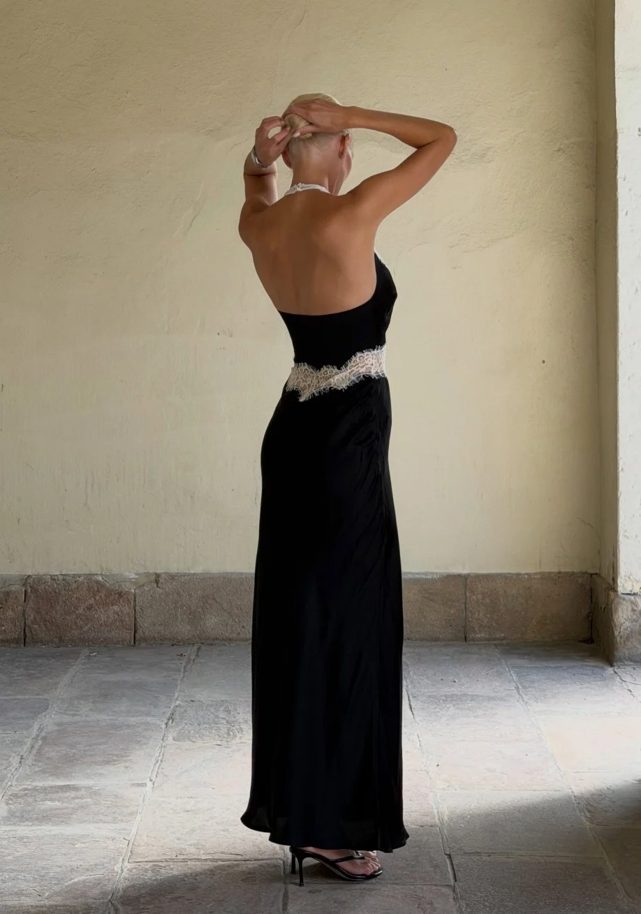 Contrast Lace Trim Halter Neck Backless Slim Fit Satin Evening Maxi Dress [erp-image:d9809b7edbf339f50d4ea796]