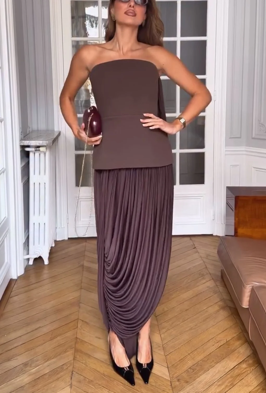 Brown Strapless Draped Maxi Dress Sleek Ruched Waterfall Evening Gown [erp-image:1ae9a8c6dc252af312b7bc83]