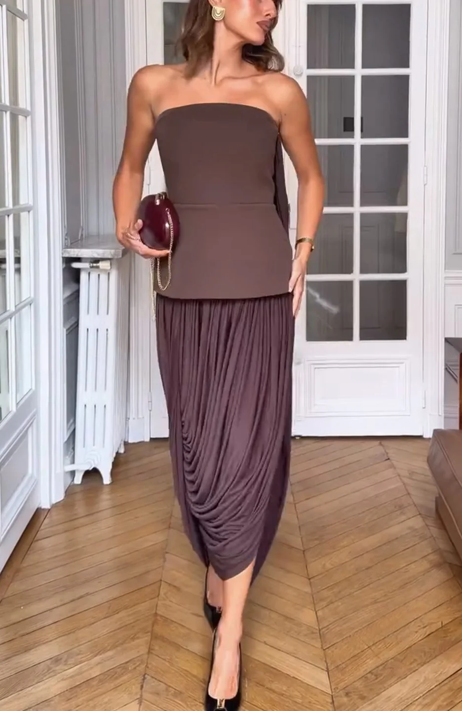 Brown Strapless Draped Maxi Dress Sleek Ruched Waterfall Evening Gown [erp-image:9c1ff21630a0d995e2c2f7f2]