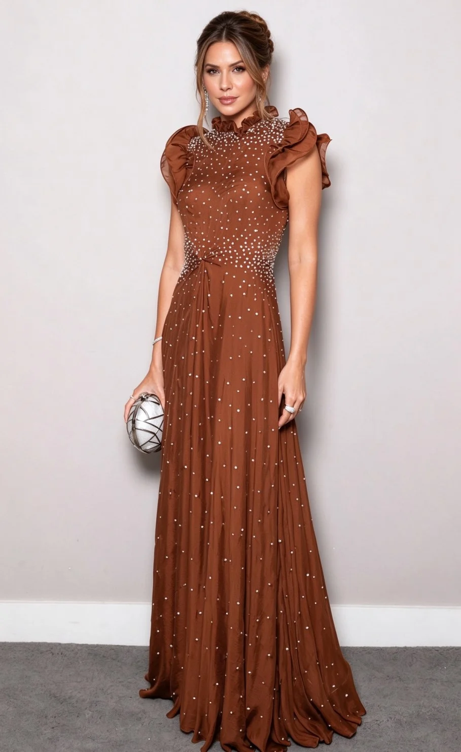 High Neck Ruffle Sleeve Pearl Embellished A-Line Evening Maxi Dress in Brown [erp-image:b0fb9af9e8448f98c914d5ee]