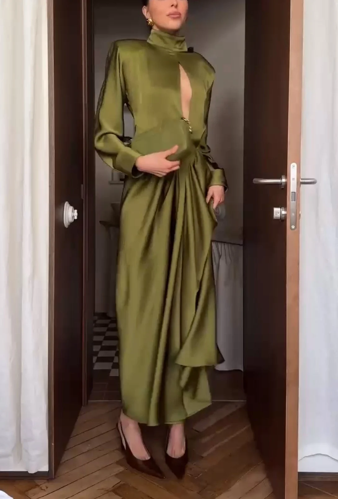 Olive Green Mock Neck Cut Out Long Sleeve Satin Draped Maxi Dress [erp-image:a21567356d269bb3fe0aeec0]
