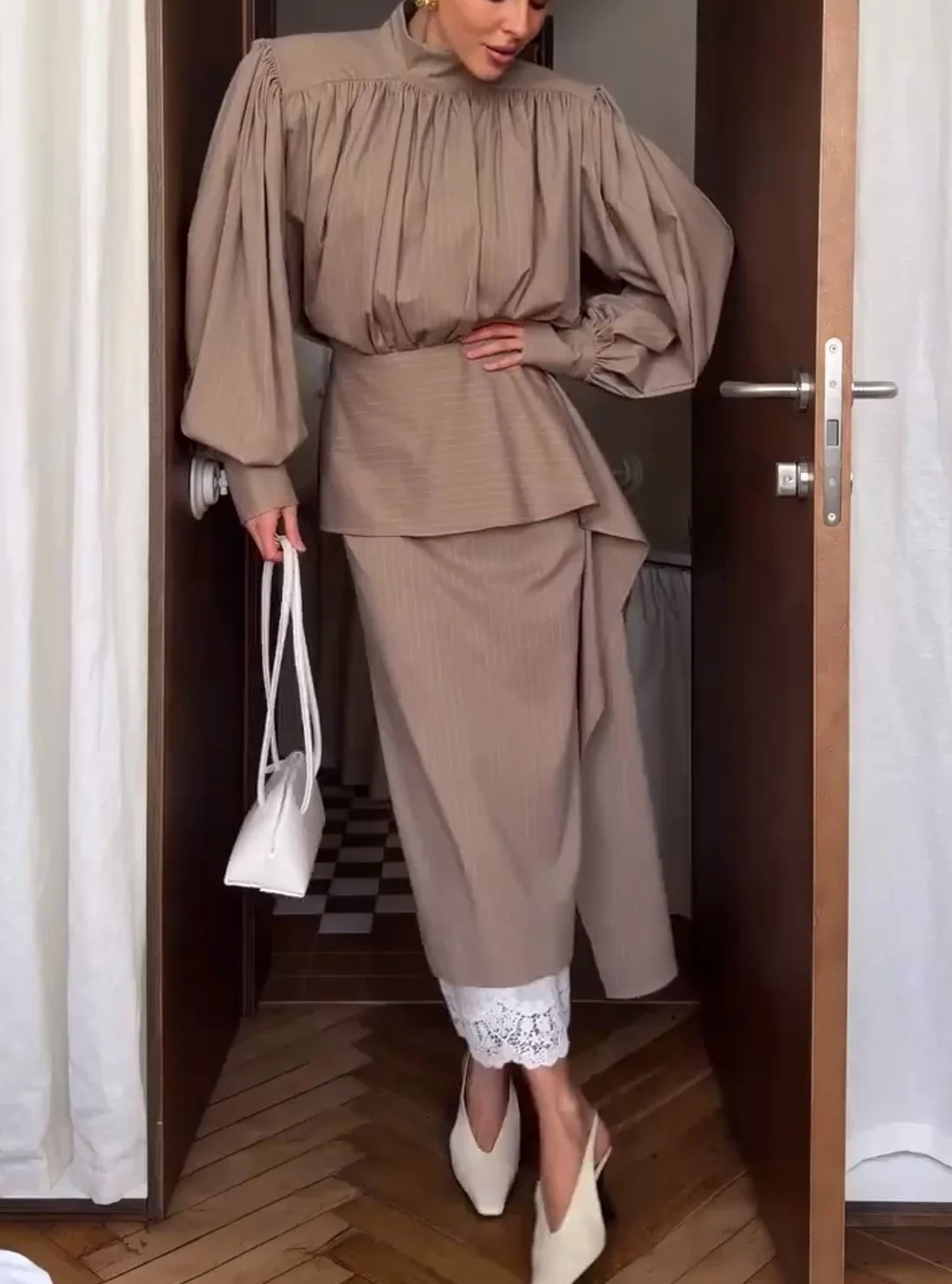 High Neck Lantern Sleeve Gathered Blouse and Midi Skirt Two Piece Set [erp-image:9902e782f2c3cc151856a25a]