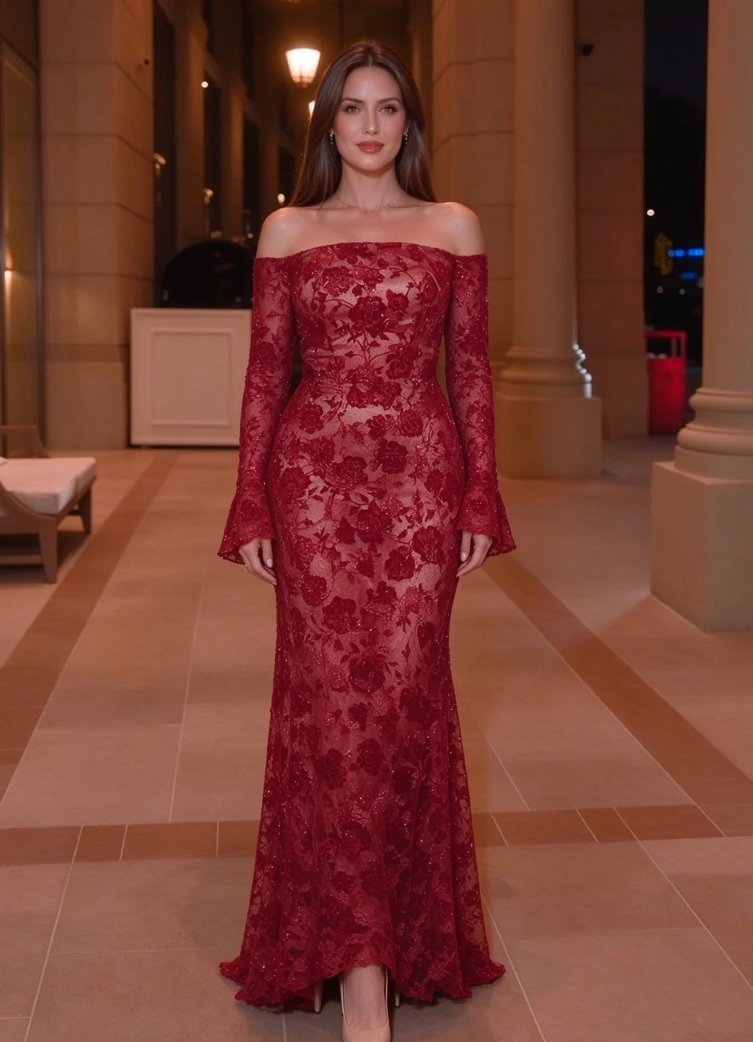 Off-Shoulder Long Sleeve Floral Lace Mermaid Maxi Evening Dress [erp-image:3a5e8891a105e135efe1a066]