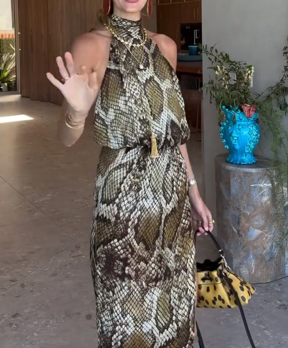 Halter Neck Sleeveless Snake Print High Slit Maxi Dress [erp-image:073d696557de224c5ed14cbc]
