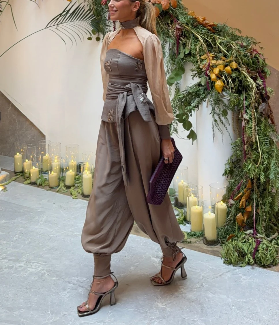 Taupe Embellished Strapless Corset Top and Draped Harem Pants Two Piece Set [erp-image:3a3920548874133634c5694f]