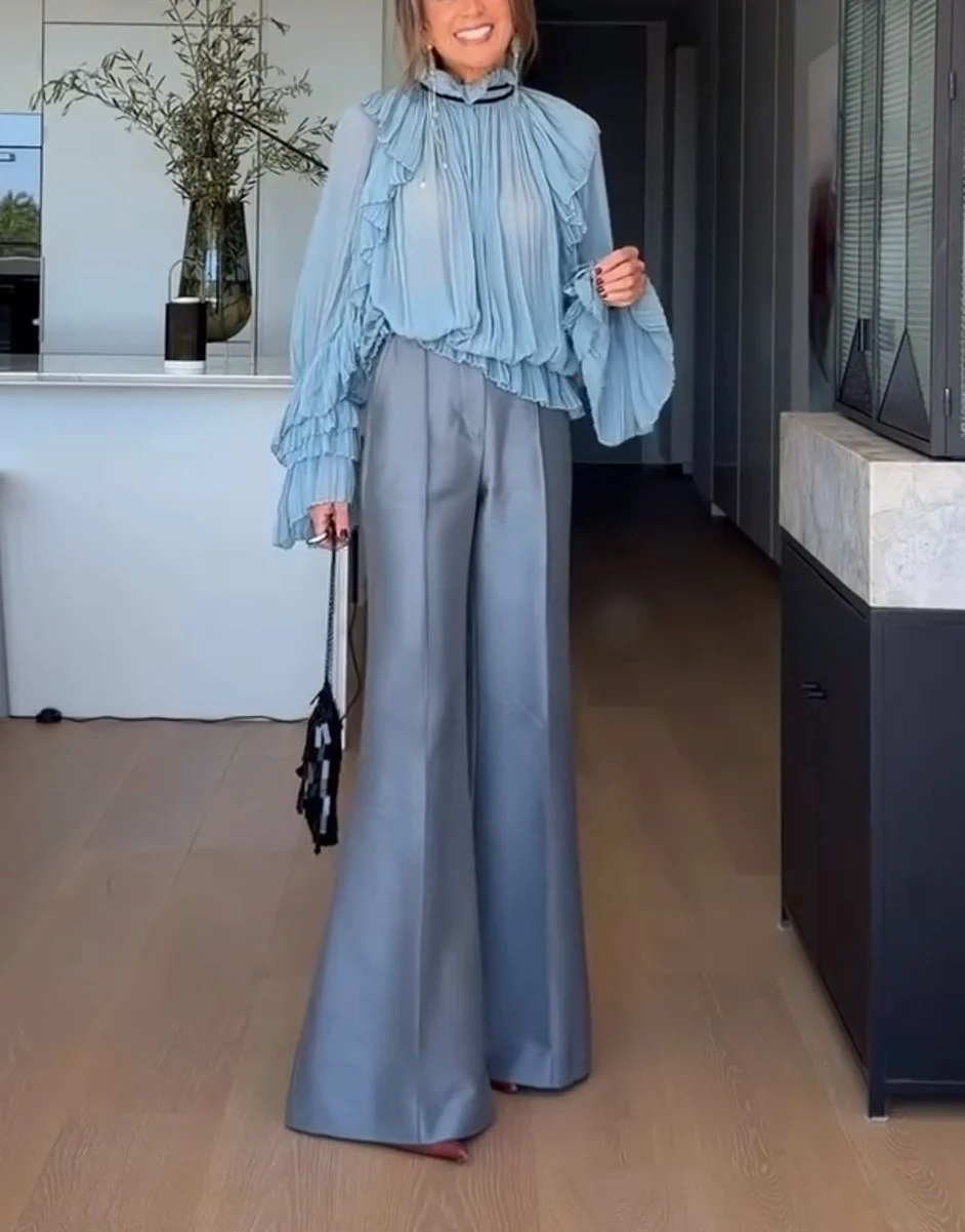 Light Blue Pleated Ruffle Blouse and Wide Leg Trousers Two Piece Set [erp-image:05806ce437e55162f3861d4f]