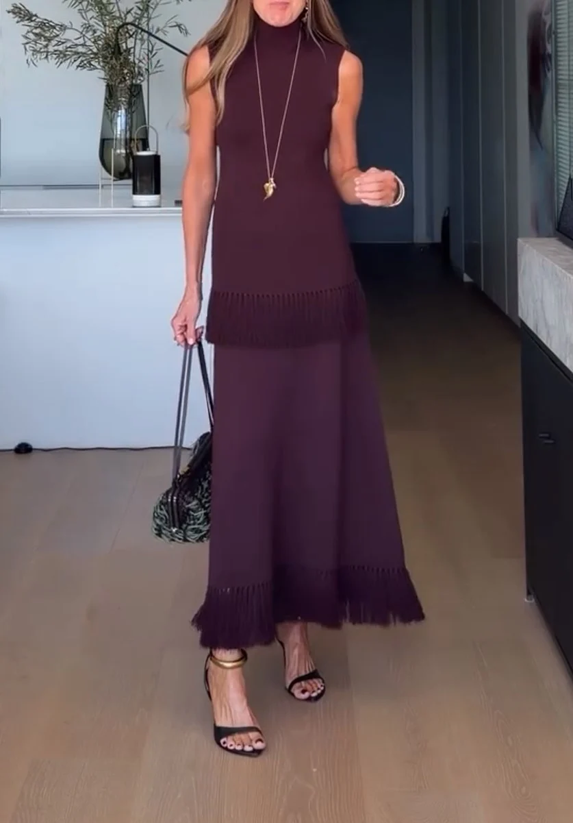 Sleeveless High Neck Fringe Trim Knit Top and Maxi Skirt Two-Piece Set [erp-image:6b00ebbadd10125d82b32ae1]