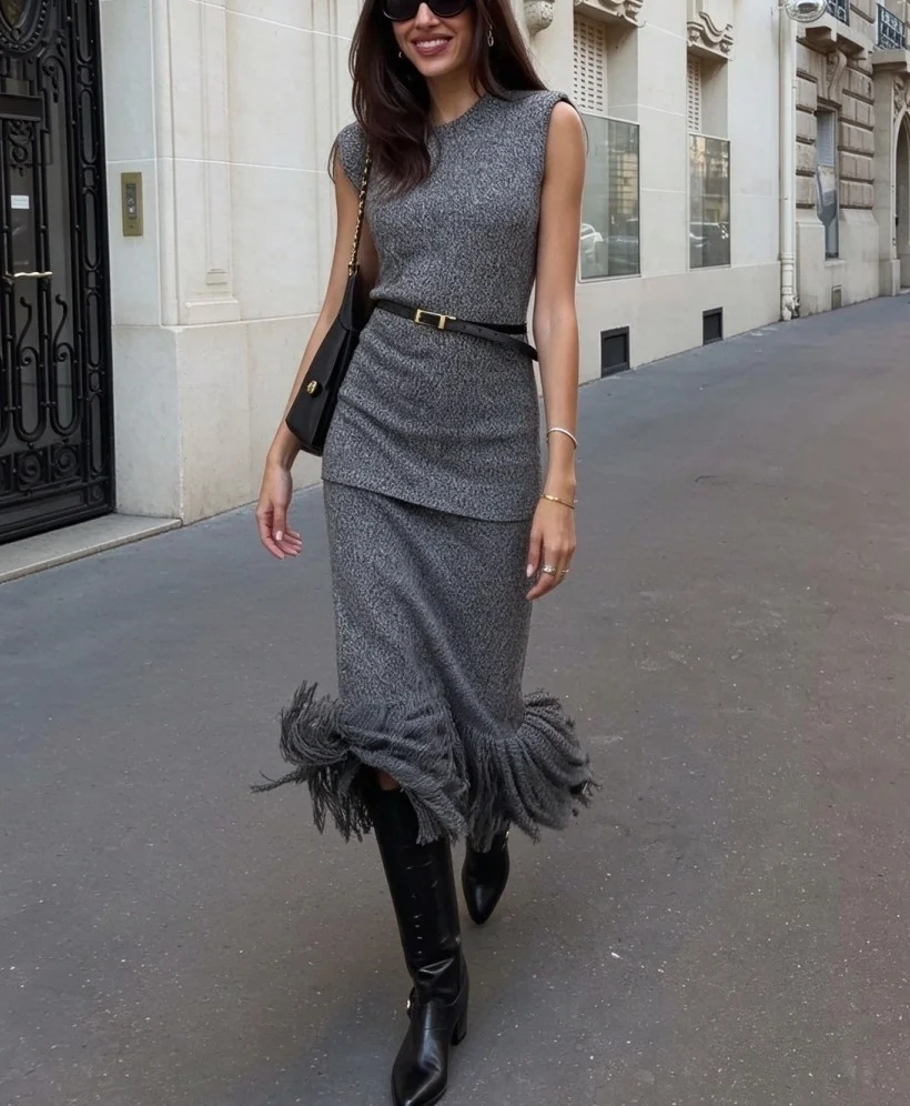 Grey Heather Sleeveless Knit Top and Fringed Hem Midi Skirt Two Piece Set [erp-image:5f64a33af3221269377a75e6]