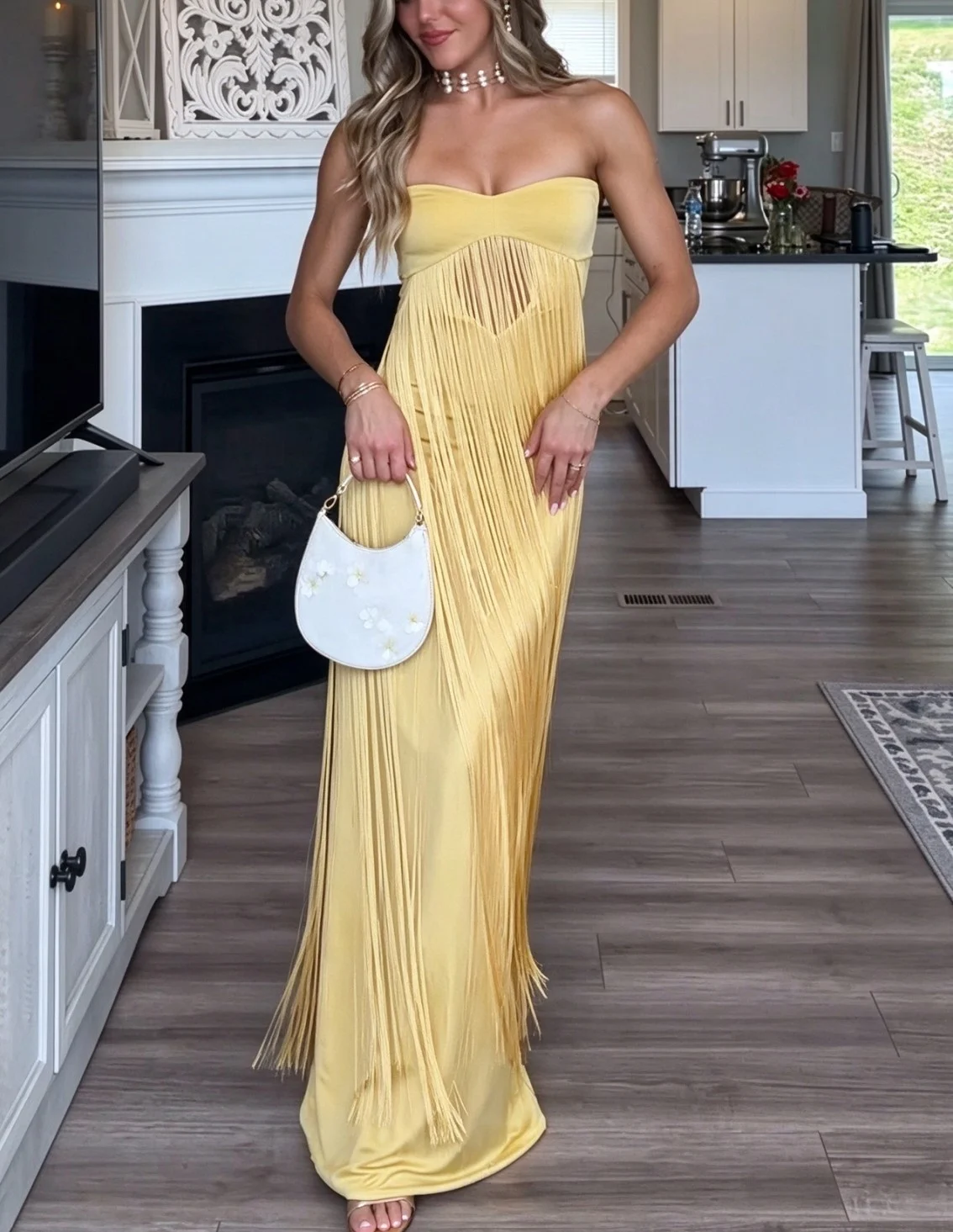 Yellow Strapless Cutout Fringe Maxi Dress with Cascading Tassels [erp-image:7bc516d726ad30742d902ca2]