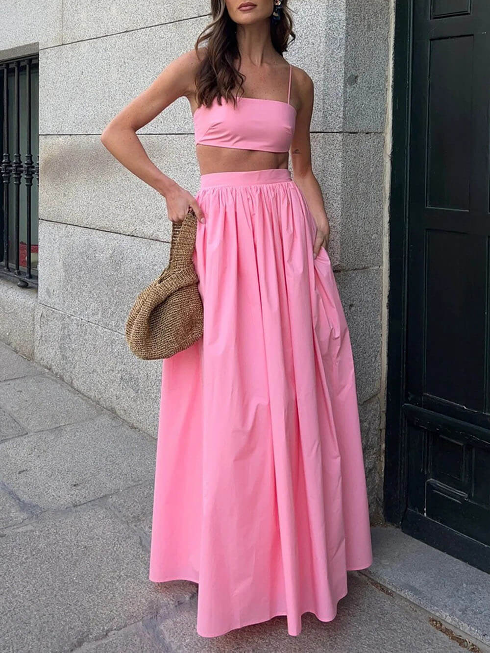 Exquisite Sexy Chambray Cropped Top Loose Maxi Skirt Set