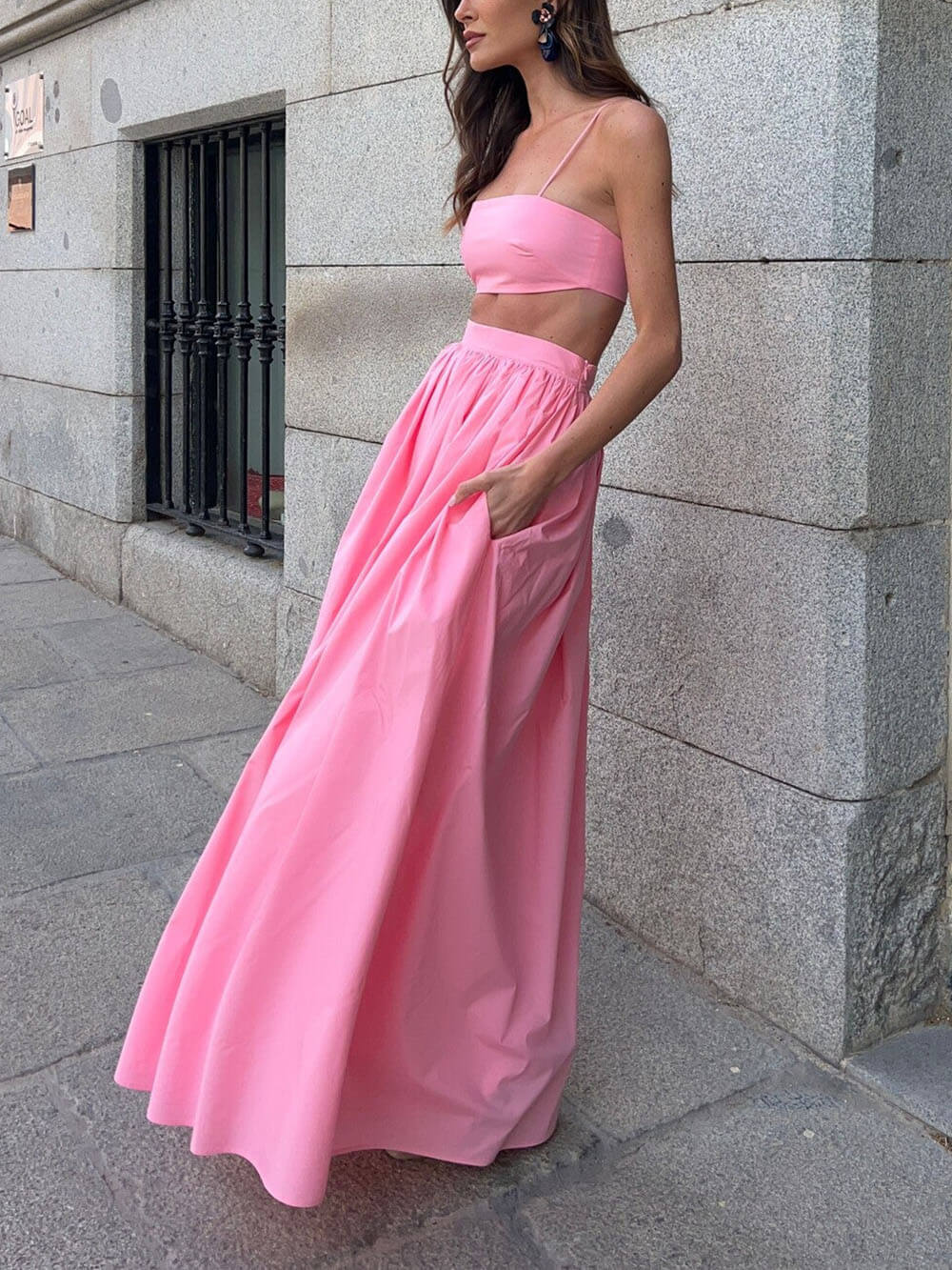 Exquisite Sexy Chambray Cropped Top Loose Maxi Skirt Set
