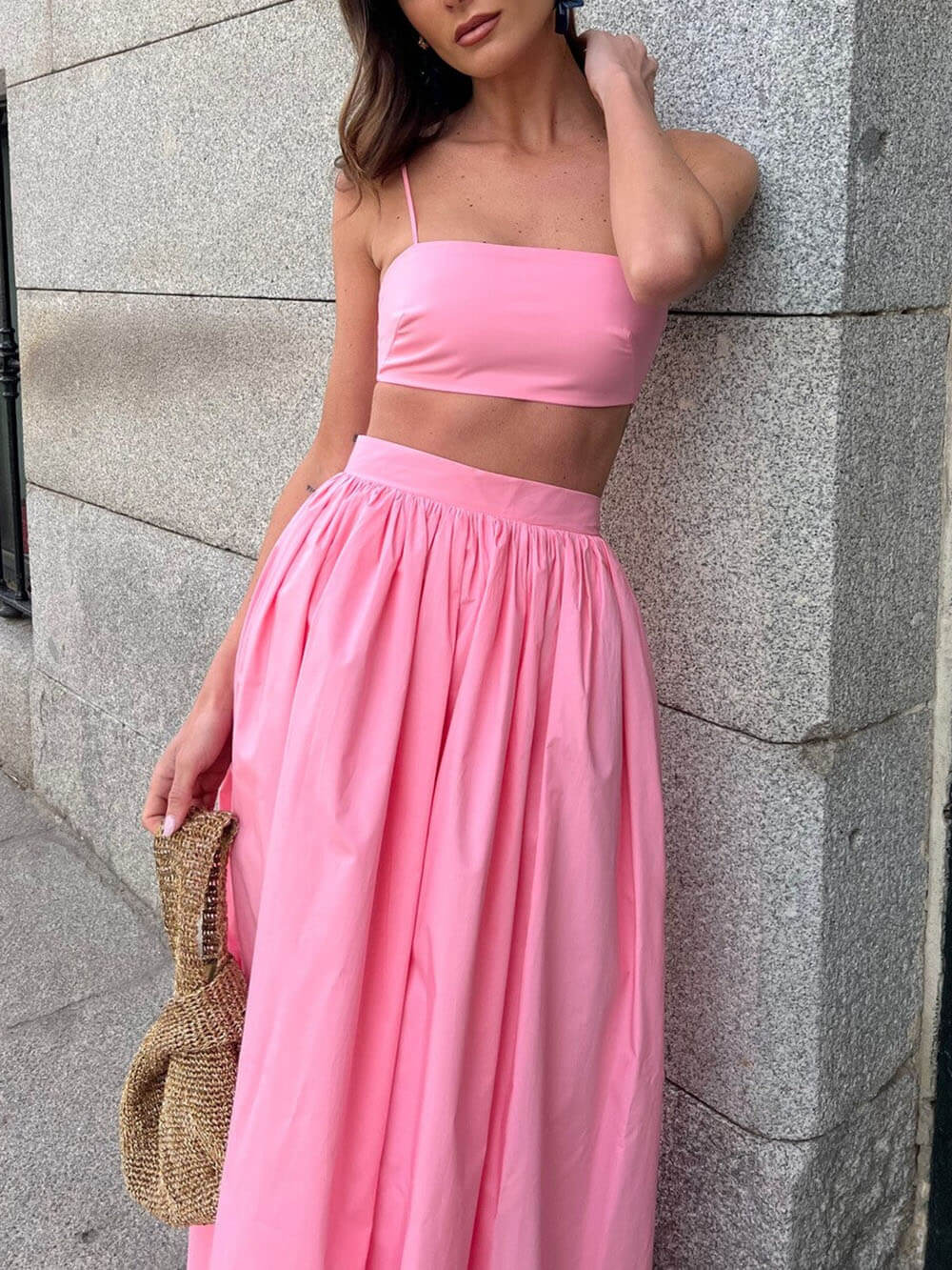 Exquisite Sexy Chambray Cropped Top Loose Maxi Skirt Set