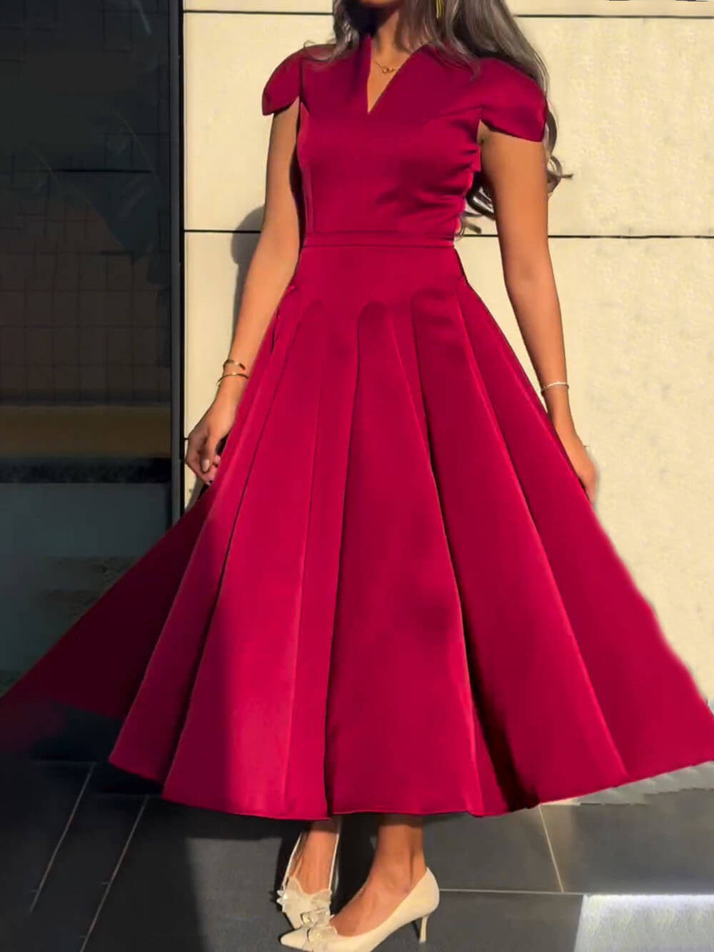 Elegant Pleated V-Neck Waisted A-Line Midi Dress
