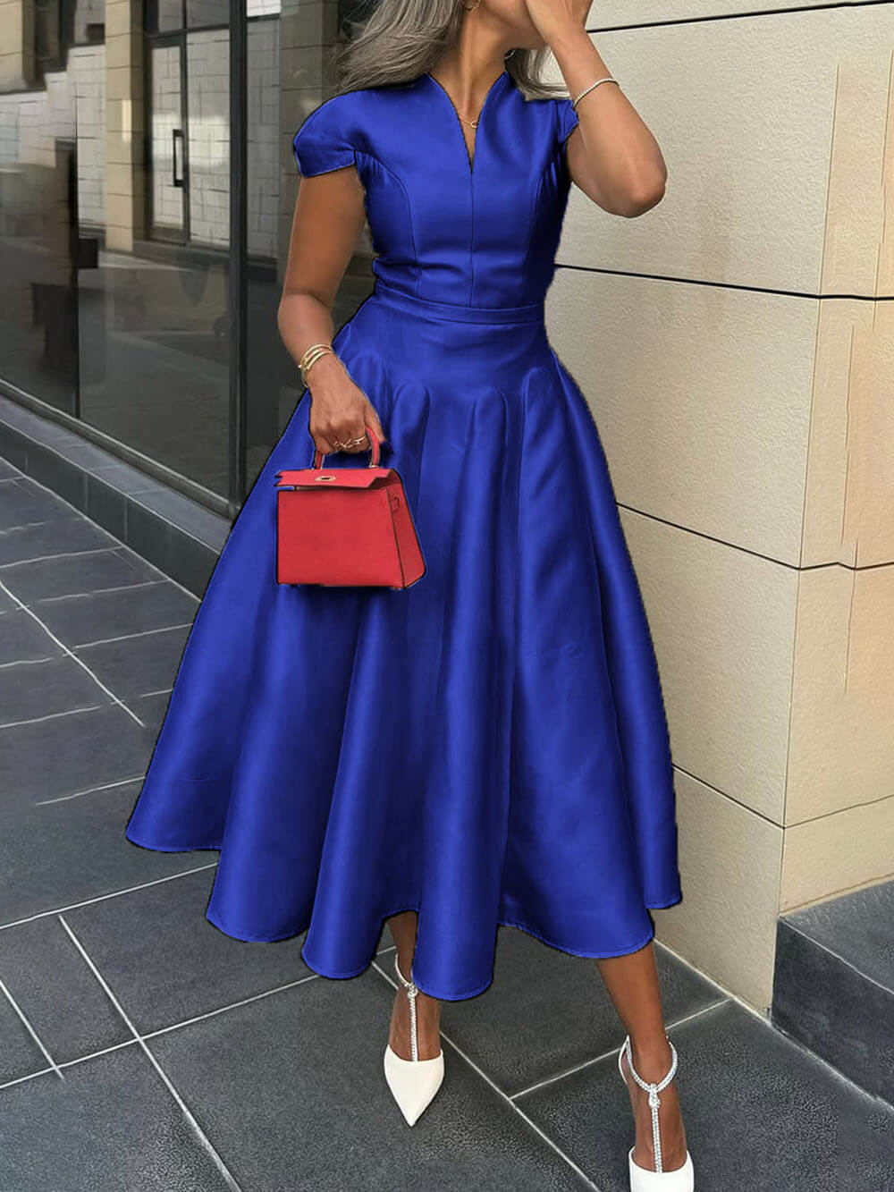 Elegant Pleated V-Neck Waisted A-Line Midi Dress