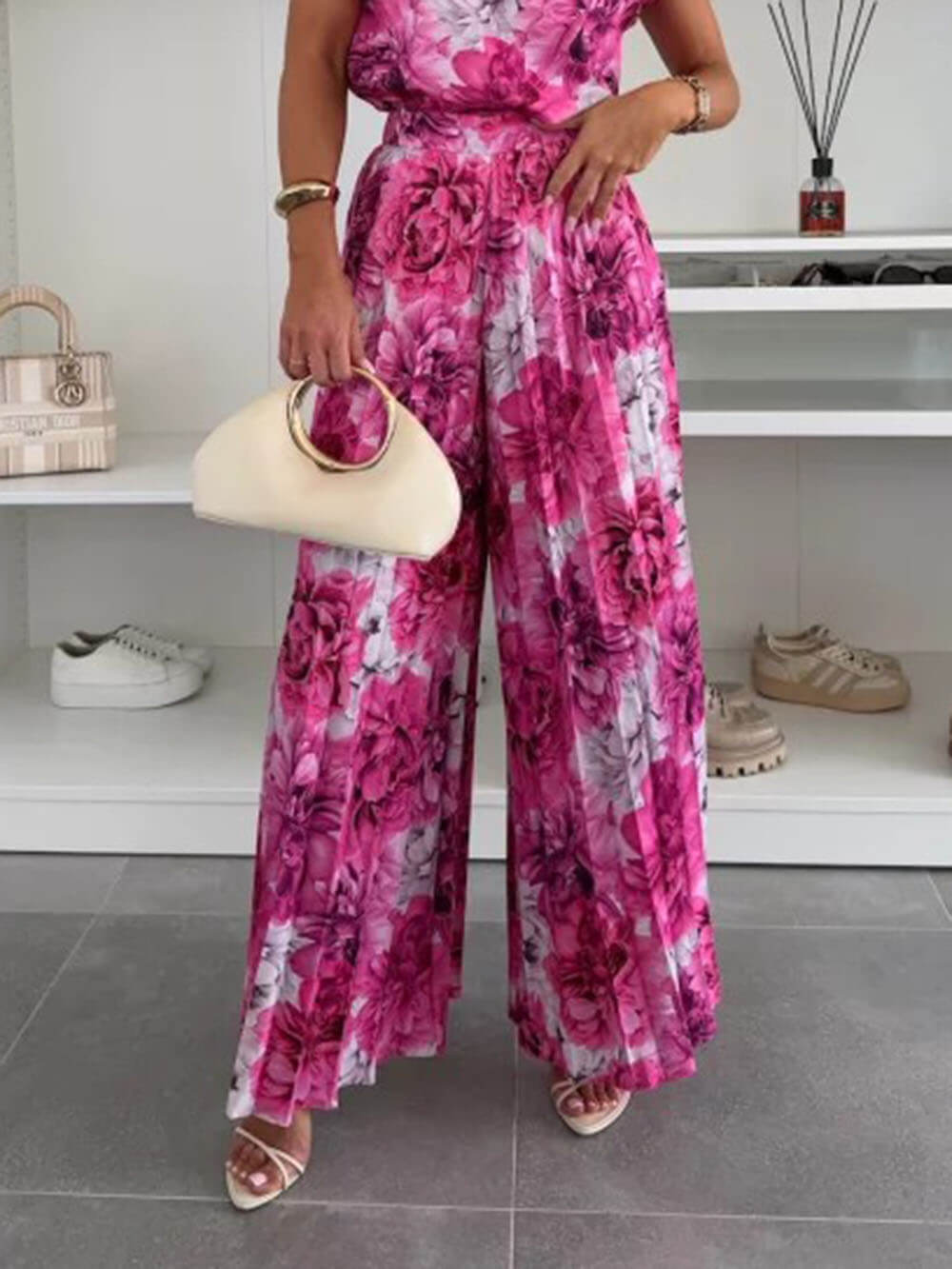 Fashionable Elastic Waist Pleated Wide-Leg Pants