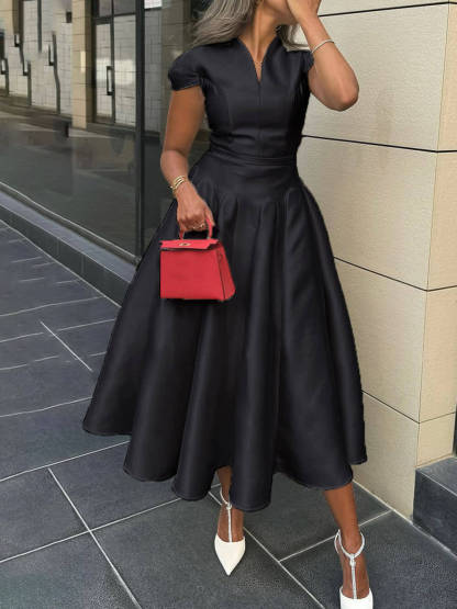 Elegant Pleated V-Neck Waisted A-Line Midi Dress