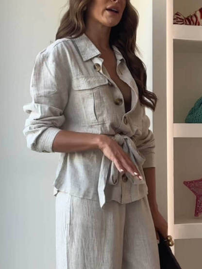 Classic Linen Tie Chest Pocket Oversized Button Shirt