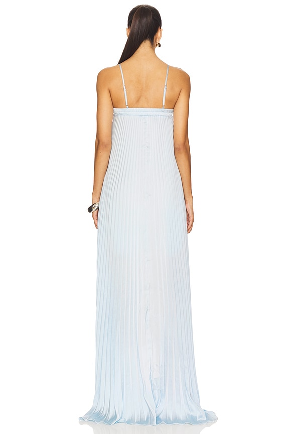 Ethereal Baby Blue Plissé Maxi Dress With Spaghetti Straps & Asymmetric Hem