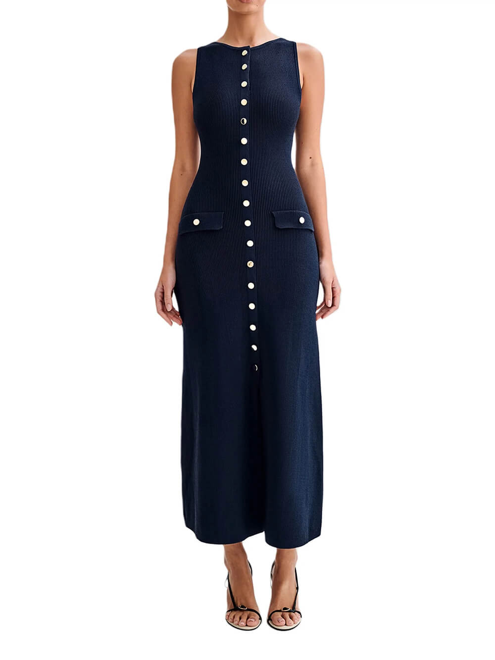 Elegant Crew Neck Buttoned Sleeveless Knit Midi Dress