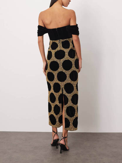 Elegant Black Draped Off-Shoulder Polka Dot Midi Dress