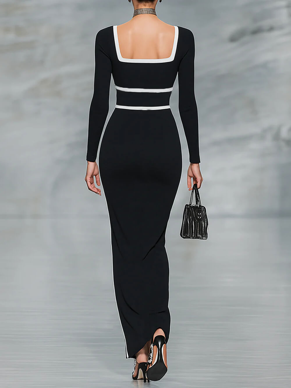 Elegant Black And White Trim Square Neck Long Sleeve Tight Maxi Dress