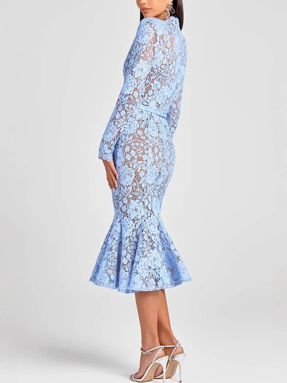 Elegant Lace Belted Long Sleeve Mermaid Midi Dress