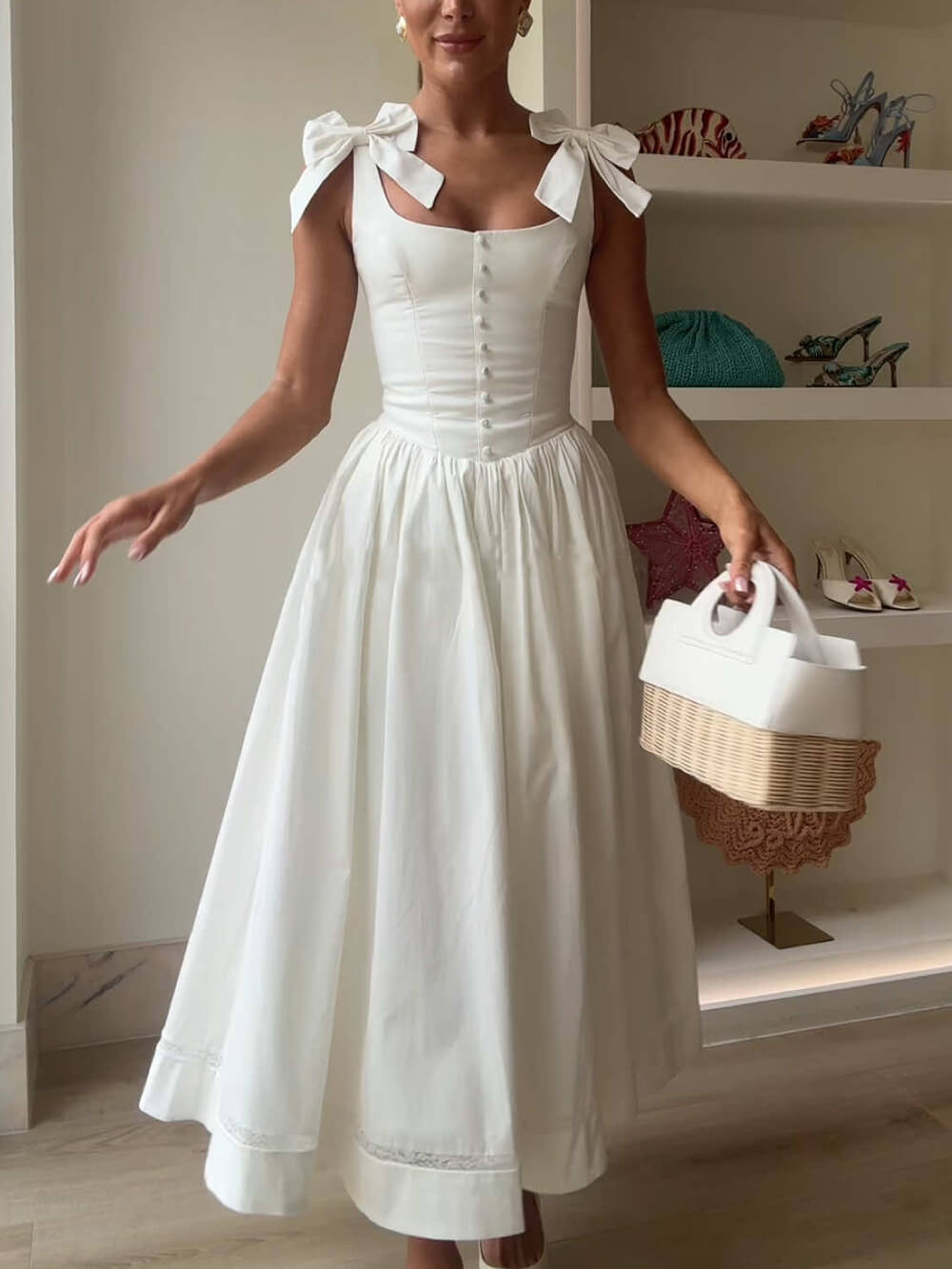 Retro Drape Bow Pleated Midi Dress