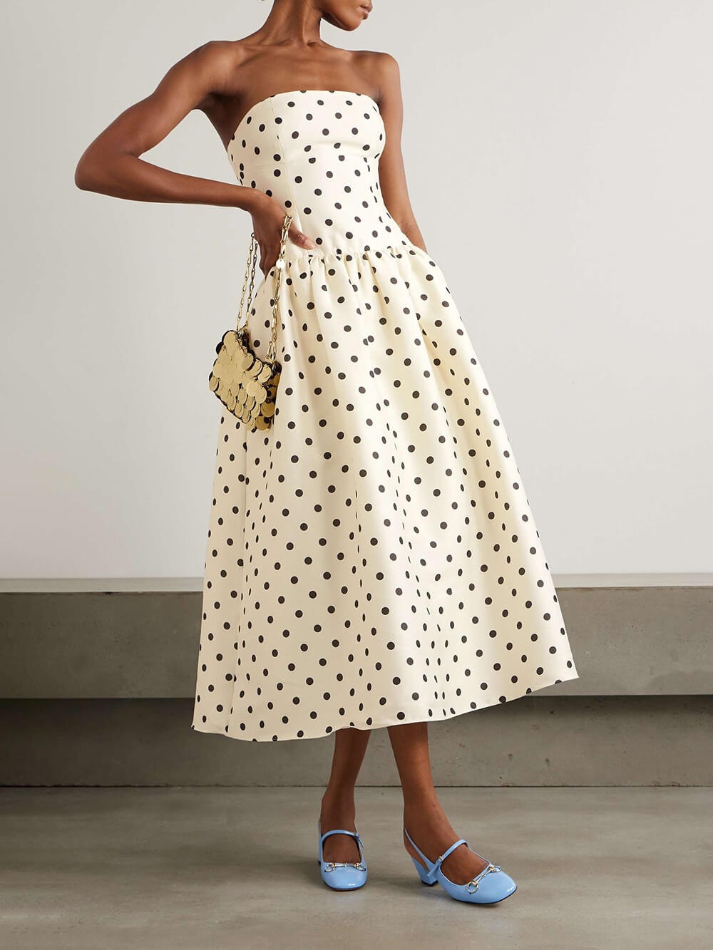 Classic Polka-Dot Print Satin Midi Dress