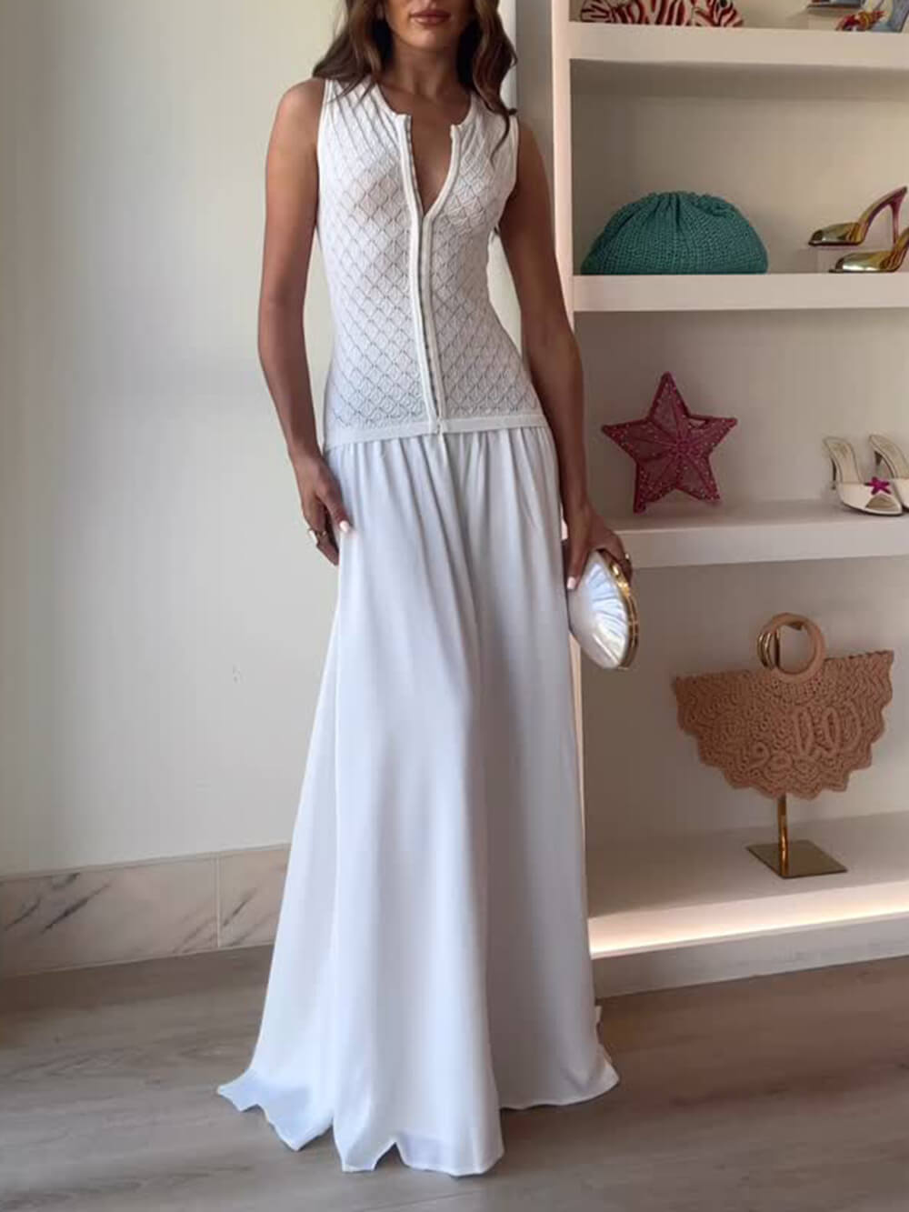 Playful Feel Elegant Hollow Hook Splicing Mesh Slit Maxi Dress