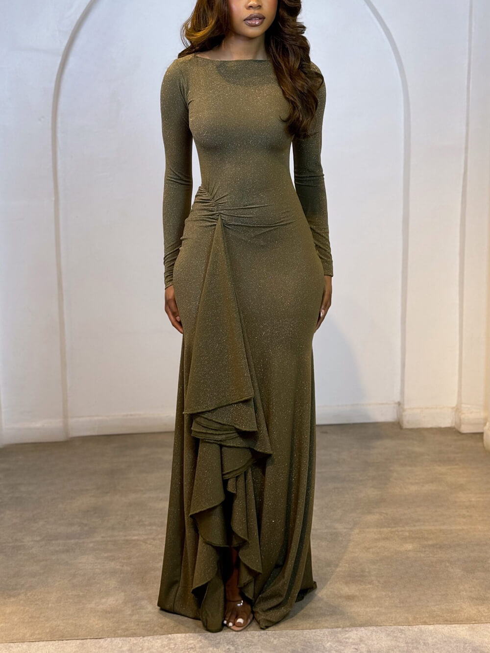 Elegant Asymmetric Ruched Ruffle Maxi Dress