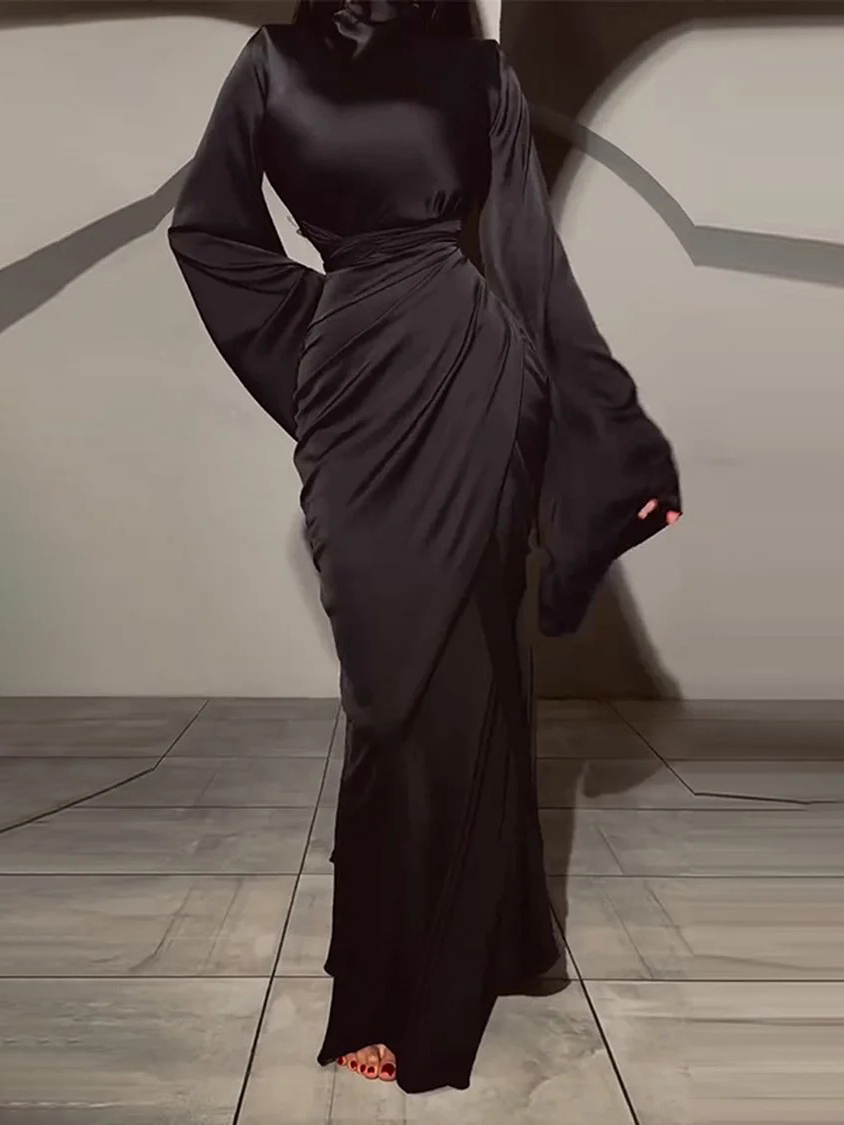 Elegant Satin Draped Long-Sleeve Maxi Dress