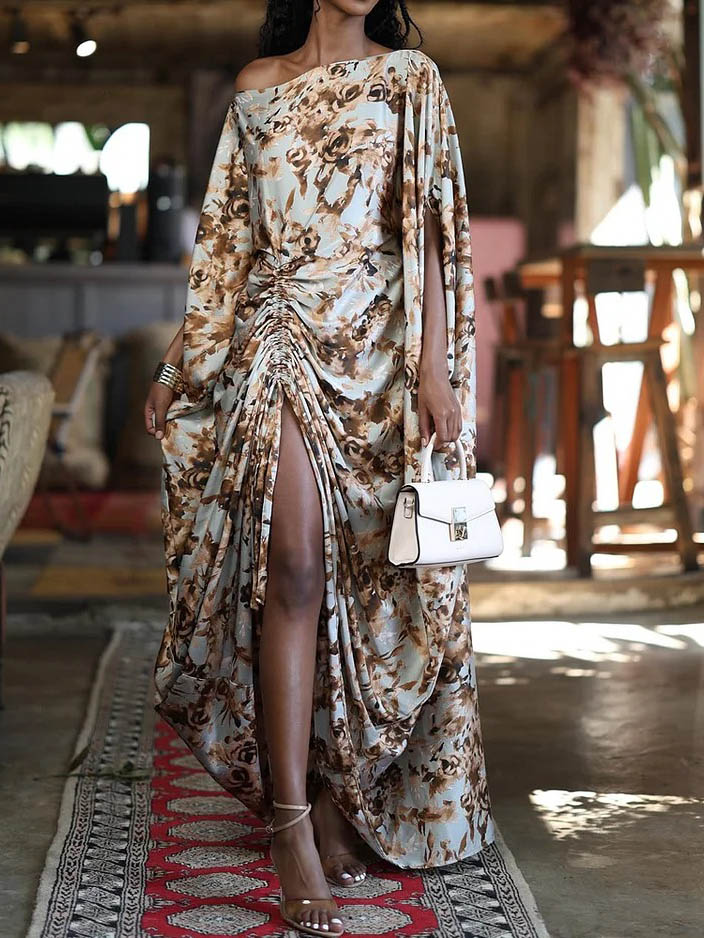 Elegant One-Shoulder Floral Draped Ruched Maxi Dress