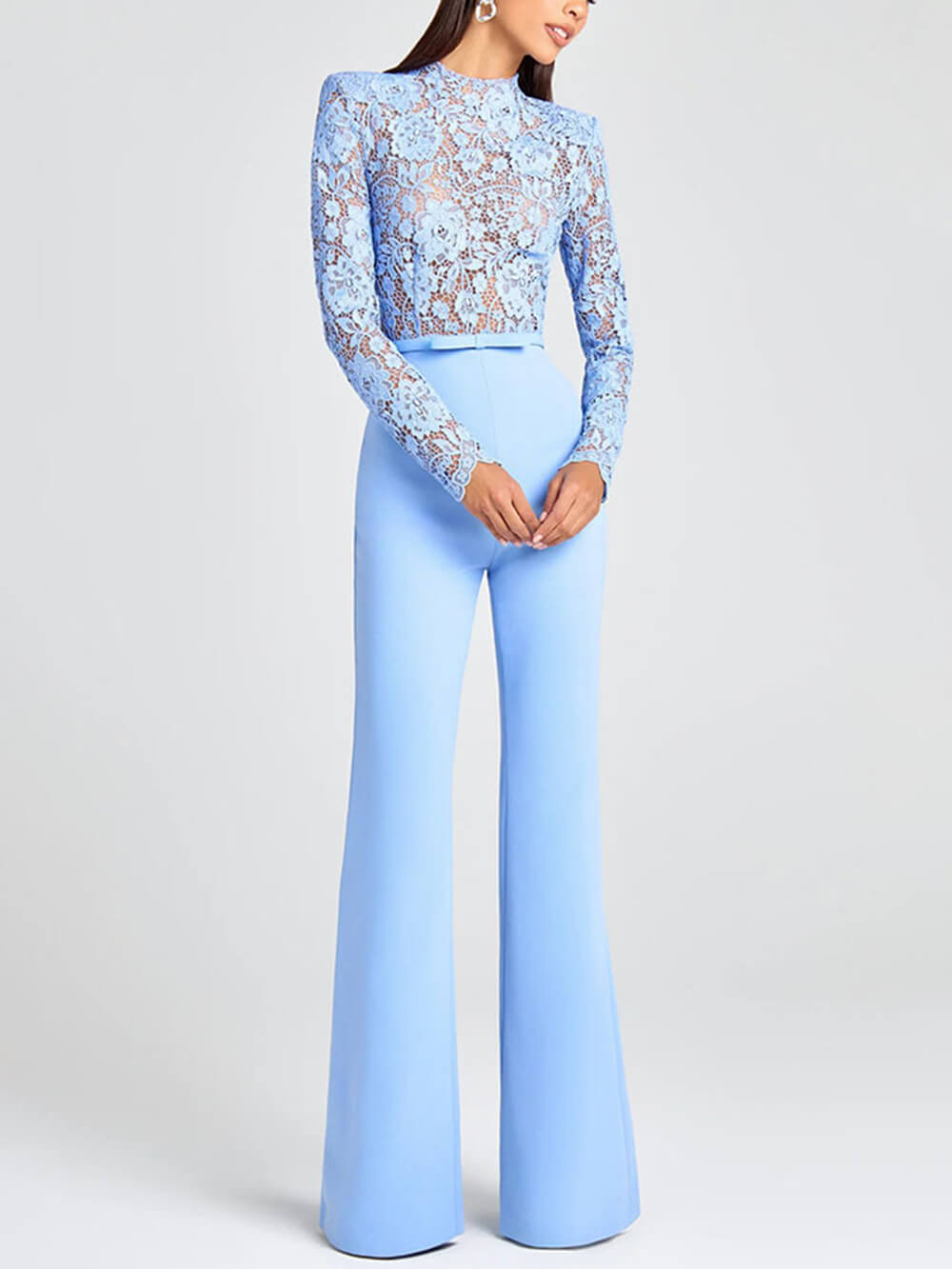 Elegant Party Charmer Flower Lace Patchwork Long Sleeve Bow Belted Flare Jumpsuit