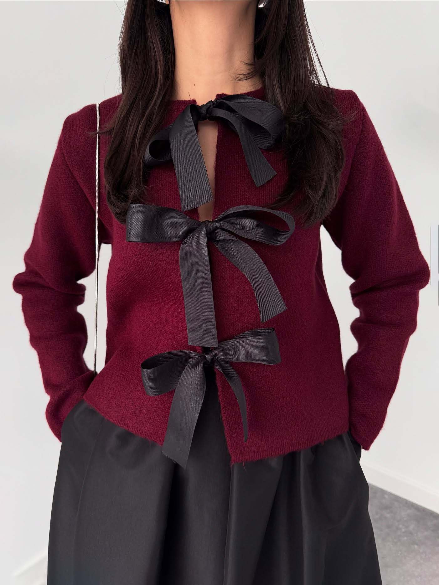 Elegant Bow-Knit Cardigan And A-Line Maxi Skirt Set